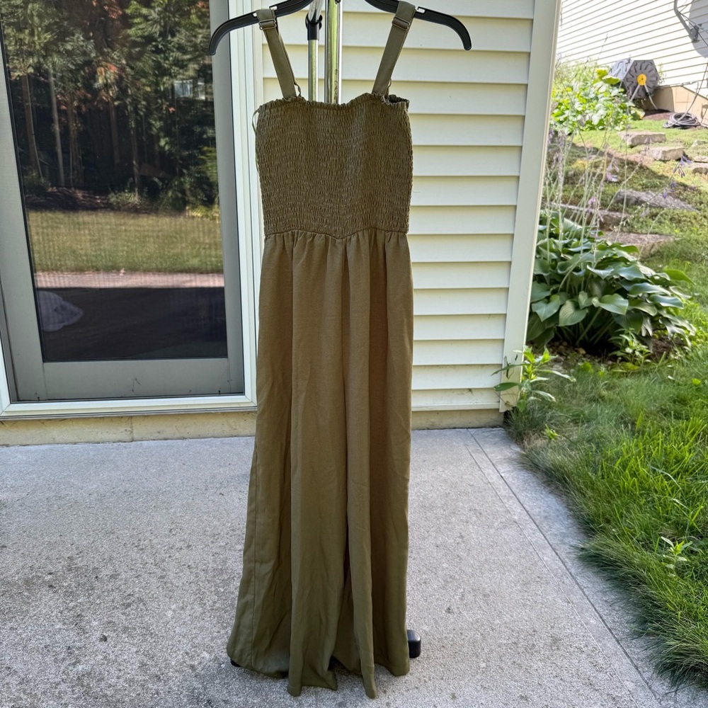 Papillon Olive Green smocked jumpsuit, womens XS